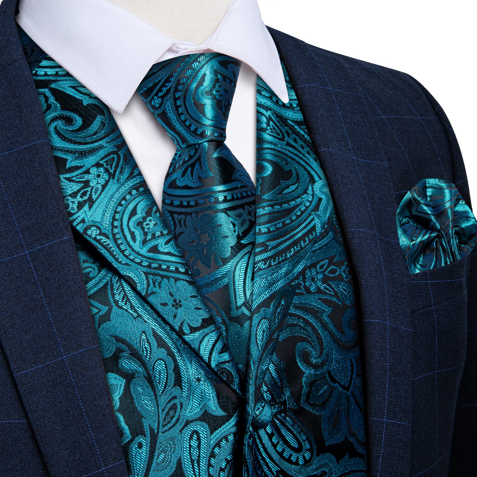 Teal Floral Jacquard V Neck Waistcoat Vest Necktie Handkerchief Cufflinks Set