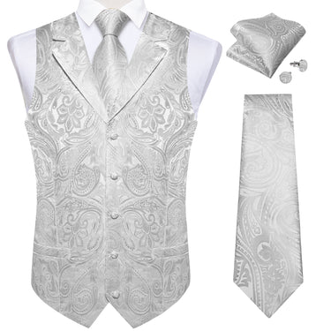 Grey White Floral Jacquard V Neck Waistcoat Vest Tie Handkerchief Cufflinks Set