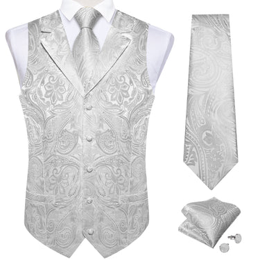 Grey White Floral Jacquard V Neck Waistcoat Vest Tie Handkerchief Cufflinks Set