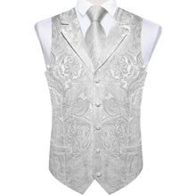 Grey White Floral Jacquard V Neck Waistcoat Vest Tie Handkerchief Cufflinks Set