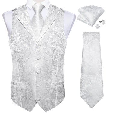 White Floral Jacquard V Neck Waistcoat Vest Necktie Pocket Square Cufflinks Set