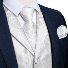 White Floral Jacquard V Neck Waistcoat Vest Necktie Pocket Square Cufflinks Set