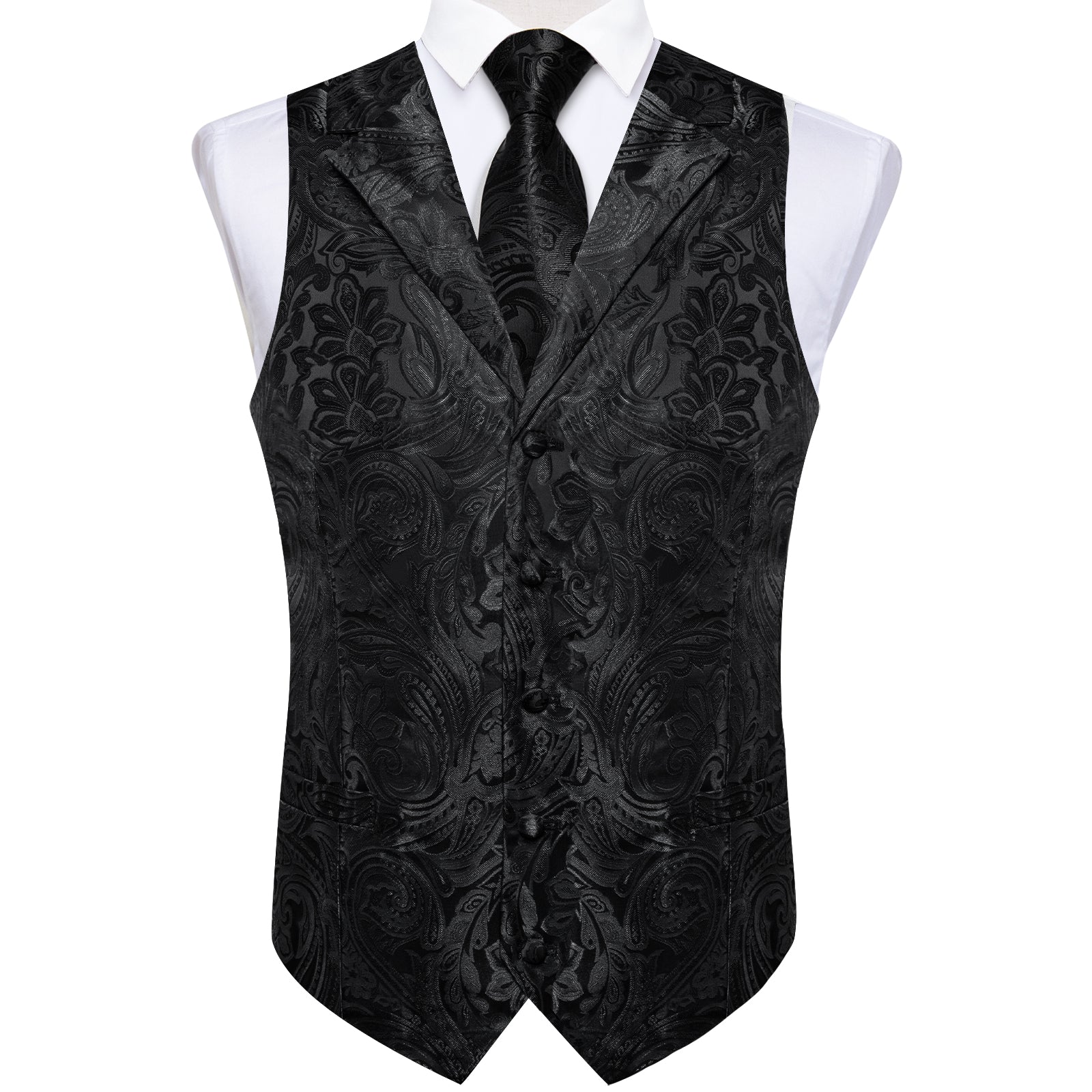 black suit with vest and tie