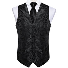 Black Floral Jacquard V Neck Waistcoat Vest Tie Handkerchief Cufflinks Set