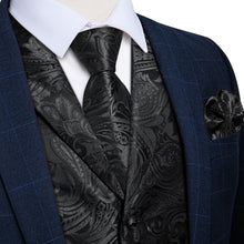 Black Floral Jacquard V Neck Waistcoat Vest Tie Handkerchief Cufflinks Set