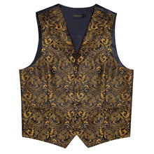 Golden Floral Jacquard V Neck Waistcoat Vest Necktie Handkerchief Cufflinks Set