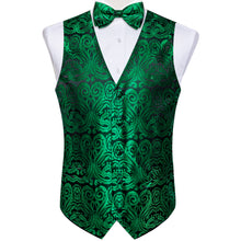 Green Floral Jacquard Silk Waistcoat Vest Bowtie Pocket Square Cufflinks Set