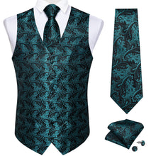 Men's Classic Green Floral Jacquard Silk Waistcoat Vest Tie Handkerchief Cufflinks Clip Pin Set