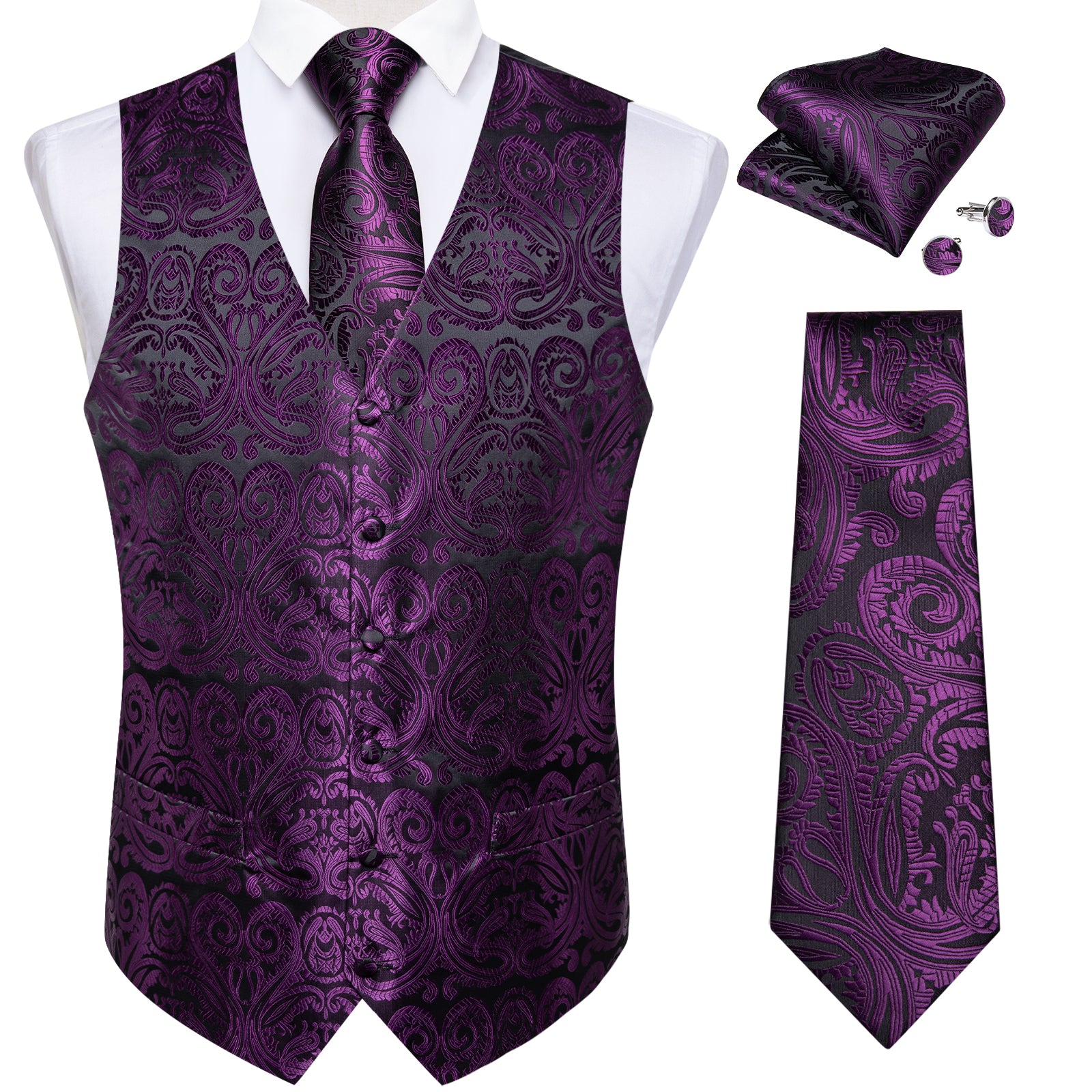 black suit purple vest