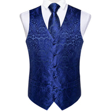 Men's Classic Blue Floral Jacquard Silk Waistcoat Vest Tie Handkerchief Cufflinks Suit Set