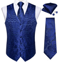 Men's Classic Blue Floral Jacquard Silk Waistcoat Vest Tie Handkerchief Cufflinks Suit Set