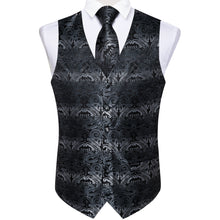 Men's Classic Black Silver Floral Jacquard Silk Waistcoat Vest Tie Handkerchief Cufflinks Suit Set