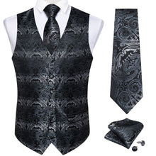 Men's Classic Black Silver Floral Jacquard Silk Waistcoat Vest Tie Handkerchief Cufflinks Suit Set