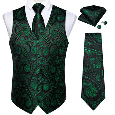 Men's Classic Black Green Floral Jacquard Silk Waistcoat Vest Tie Handkerchief Cufflinks Suit Set