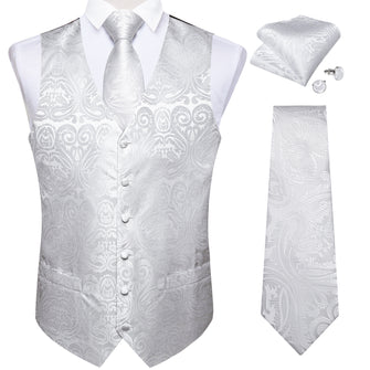 White Paisley Jacquard Silk Waistcoat Vest Neckie Pocket Square Cufflinks Suit Set