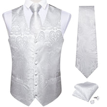White Paisley Jacquard Silk Waistcoat Vest Neckie Pocket Square Cufflinks Suit Set