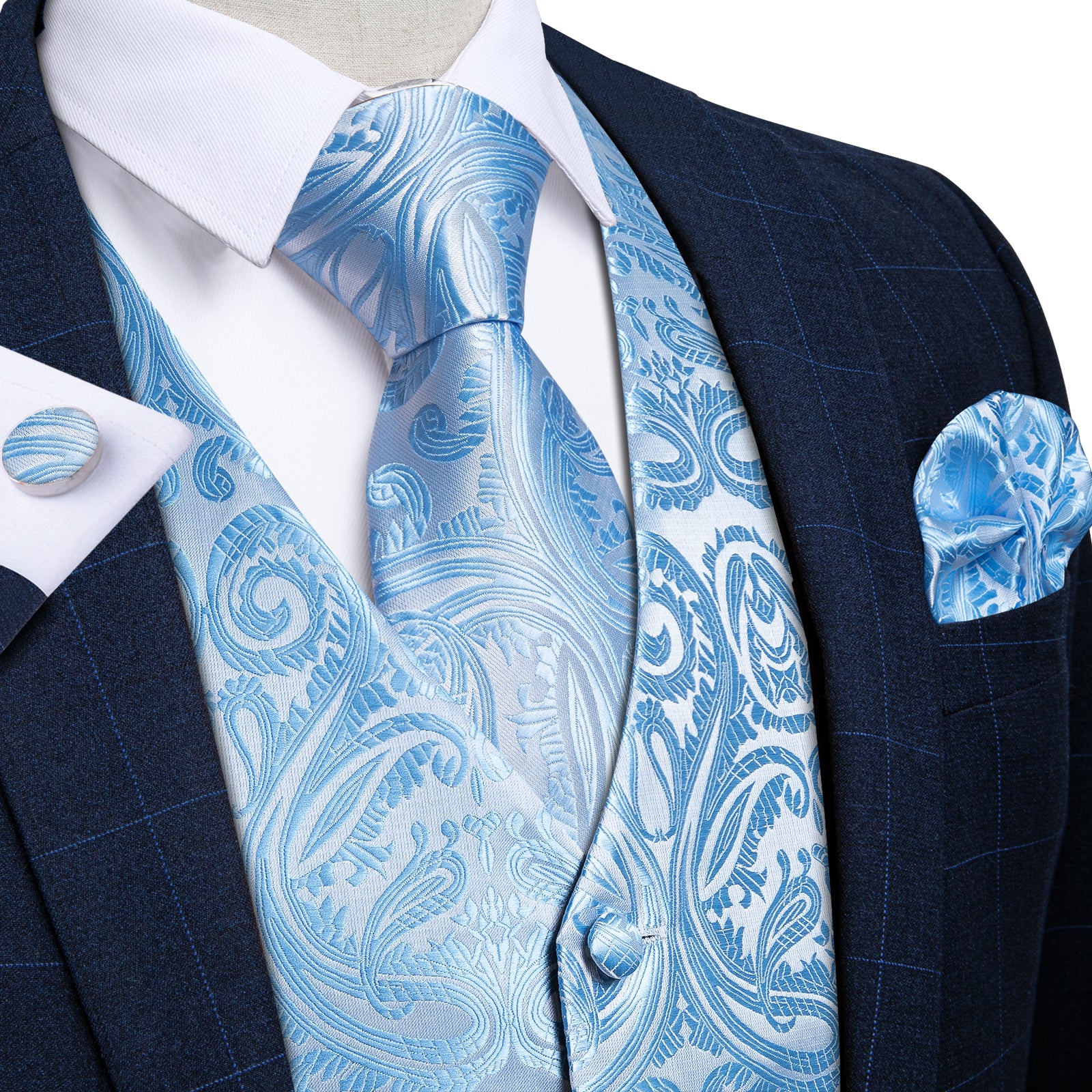 silk mens sky blue floral patterned vest tie pocket square cufflinks set for suit dress