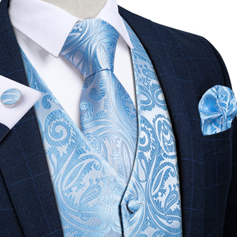 Men's Classic Light Blue Floral Jacquard Silk Waistcoat Vest Tie Handkerchief Cufflinks Suit Set