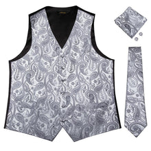 silver grey paisley mens silk vest tie set for mens suit