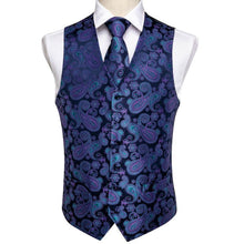 Men's Classic Blue Paisley Jacquard Silk Vest Necktie Pocket square Cufflinks Ring Set