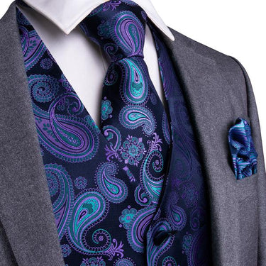 Men's Classic Blue Paisley Jacquard Silk Waistcoat Vest Handkerchief Cufflinks Tie Vest Suit Set (1929710862378)