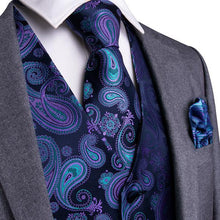 Men's Classic Blue Paisley Jacquard Silk Vest Necktie Pocket square Cufflinks Ring Set