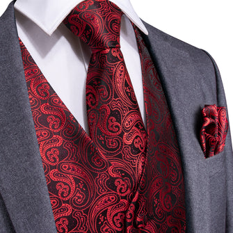Mens Suit Vest Deep Red Paisley Jacquard Silk Waistcoat Vest Tie Pocket Square Cufflinks Set