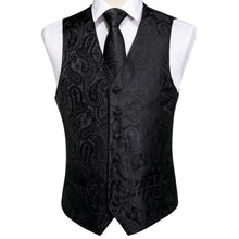 Men's Classic Black Paisley Jacquard Silk Vest Necktie Pocket square Cufflinks Ring Set