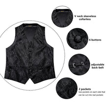 Men's Classic Black Paisley Jacquard Silk Waistcoat Vest Handkerchief Cufflinks Tie Vest Suit Set (1929721413674)