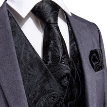Men's Classic Black Paisley Jacquard Silk Waistcoat Vest Handkerchief Cufflinks Tie Vest Suit Set (1929721413674)