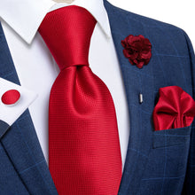 Red Solid Silk Men's Necktie Handkerchief Cufflinks Set With Lapel Pin Brooch Set