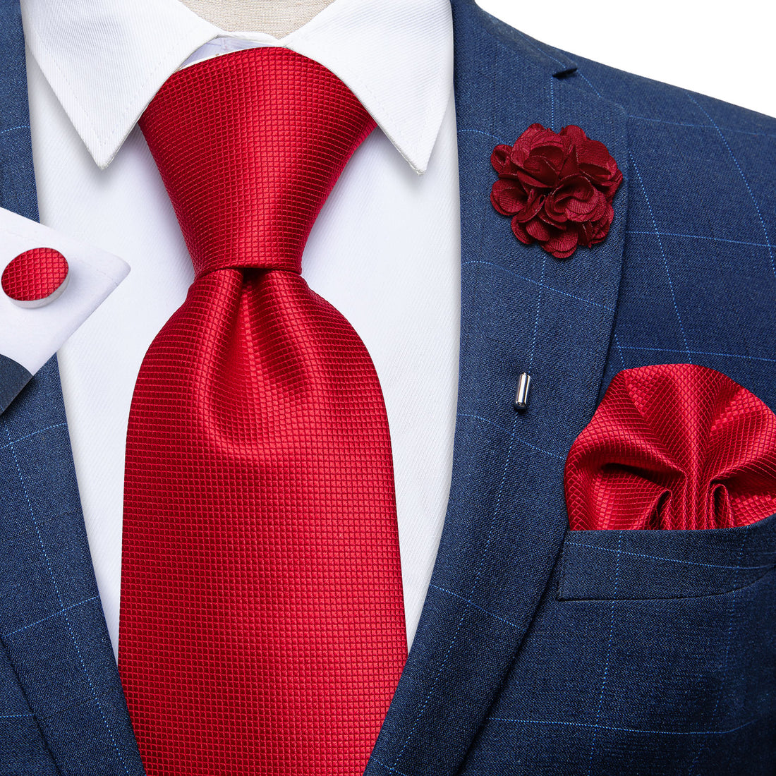 Red Solid Silk Men's Necktie Handkerchief Cufflinks Set With Lapel Pin Brooch Set