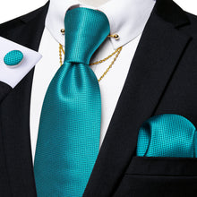 Elegent Teal Solid Tie Pocket Square Cufflinks Set with Collar Pin