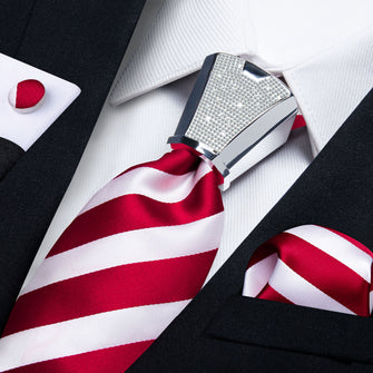 4PCS White Red Stripe Men's Tie Handkerchief Cufflinks Accessory Set