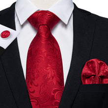 New Red Floral Silk Tie Handkerchief Cufflinks Set