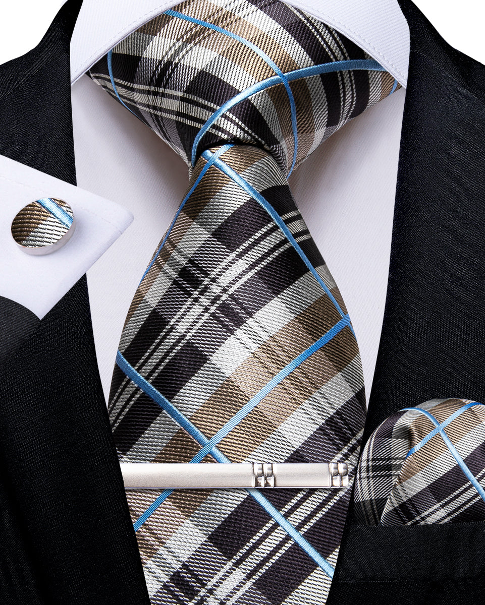 Black Green Floral Men's Tie Handkerchief Cufflinks Clip Set