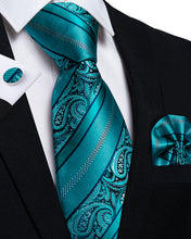Green Stripe Paisley Splicing Men's Silk Tie Handkerchief Cufflinks Set