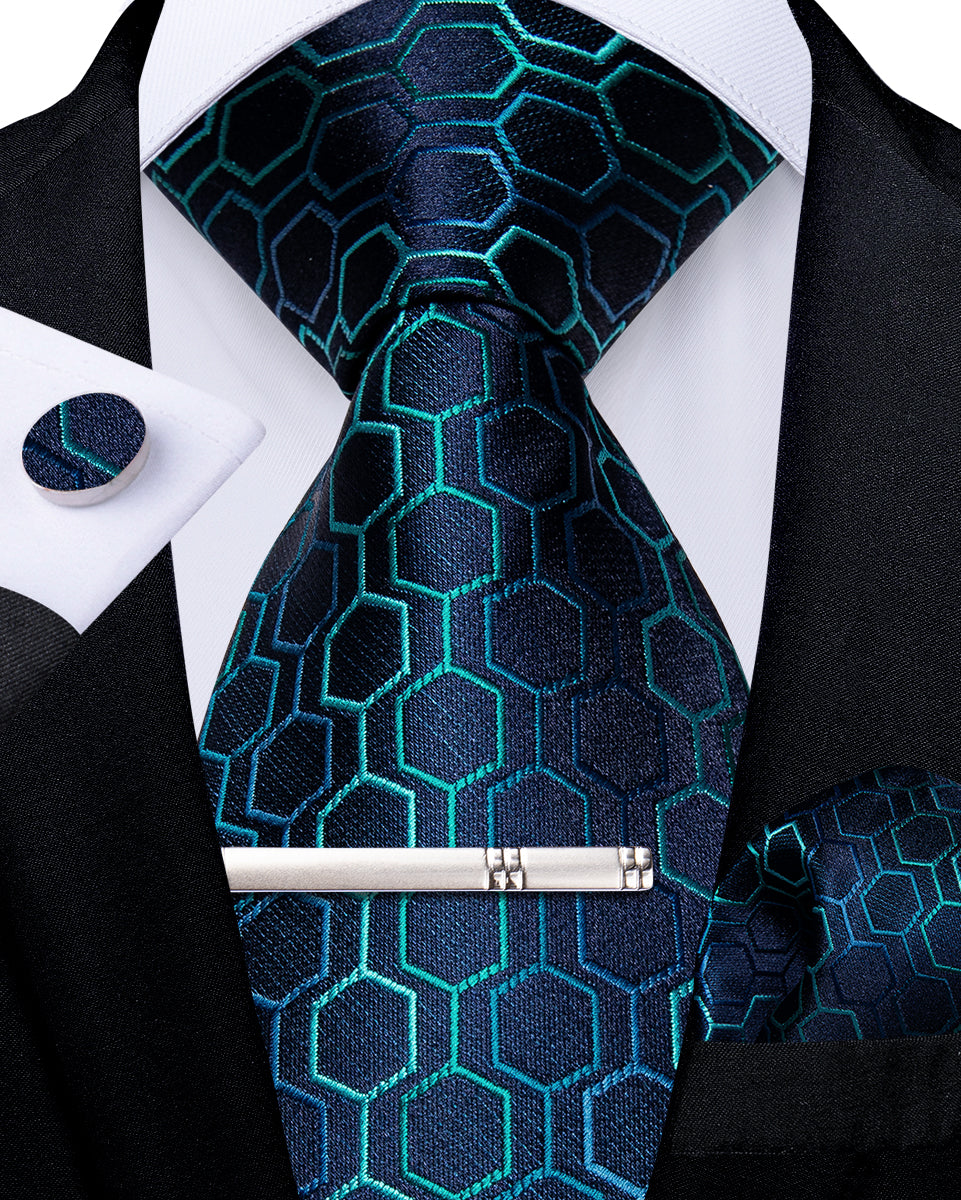 Blue Lattice Men's Tie Handkerchief Cufflinks Clip Set