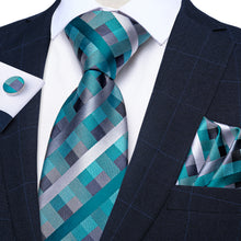 Blue Stripe Lattice Men's Silk Tie Handkerchief Cufflinks Set