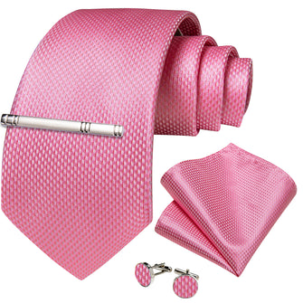 Pink Solid Men's Tie Handkerchief Cufflinks Clip Set