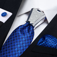 fashion silk mens plaid royal blue tie pocket square cufflinks set with tie accessory ring set