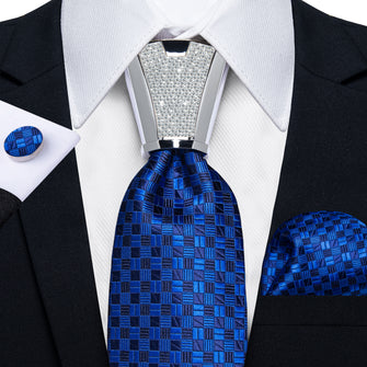 fashion silk mens plaid royal blue tie pocket square cufflinks set with tie accessory ring set