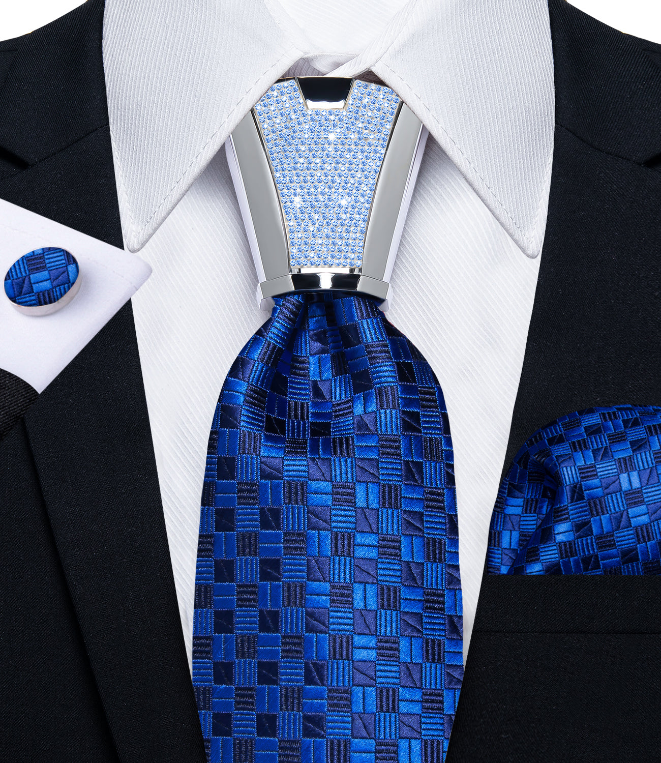 fashion silk mens plaid royal blue tie pocket square cufflinks set with tie accessory ring set