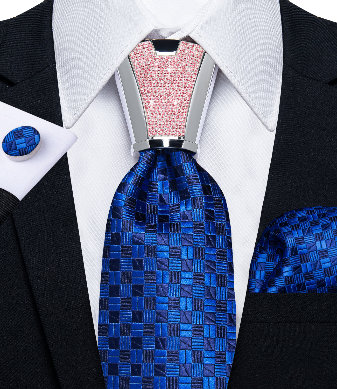fashion silk mens plaid royal blue tie pocket square cufflinks set with tie accessory ring set