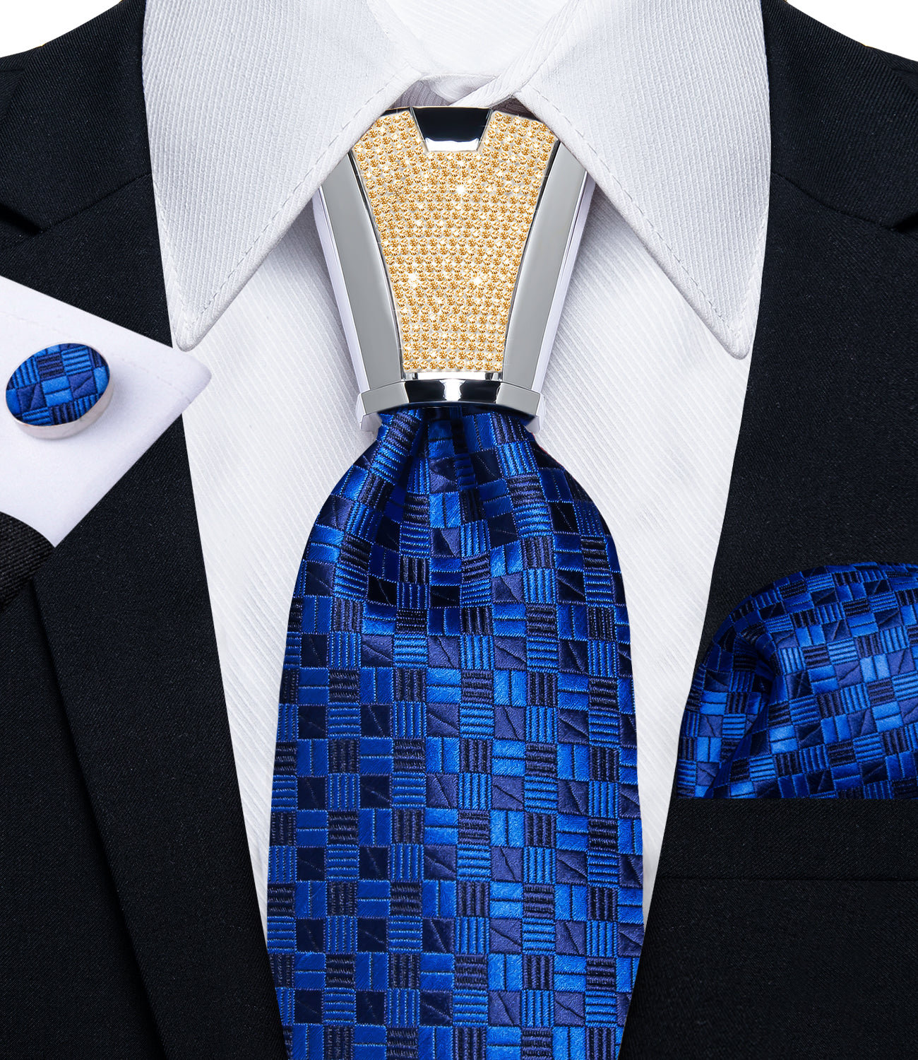 fashion silk mens plaid royal blue tie pocket square cufflinks set with tie accessory ring set