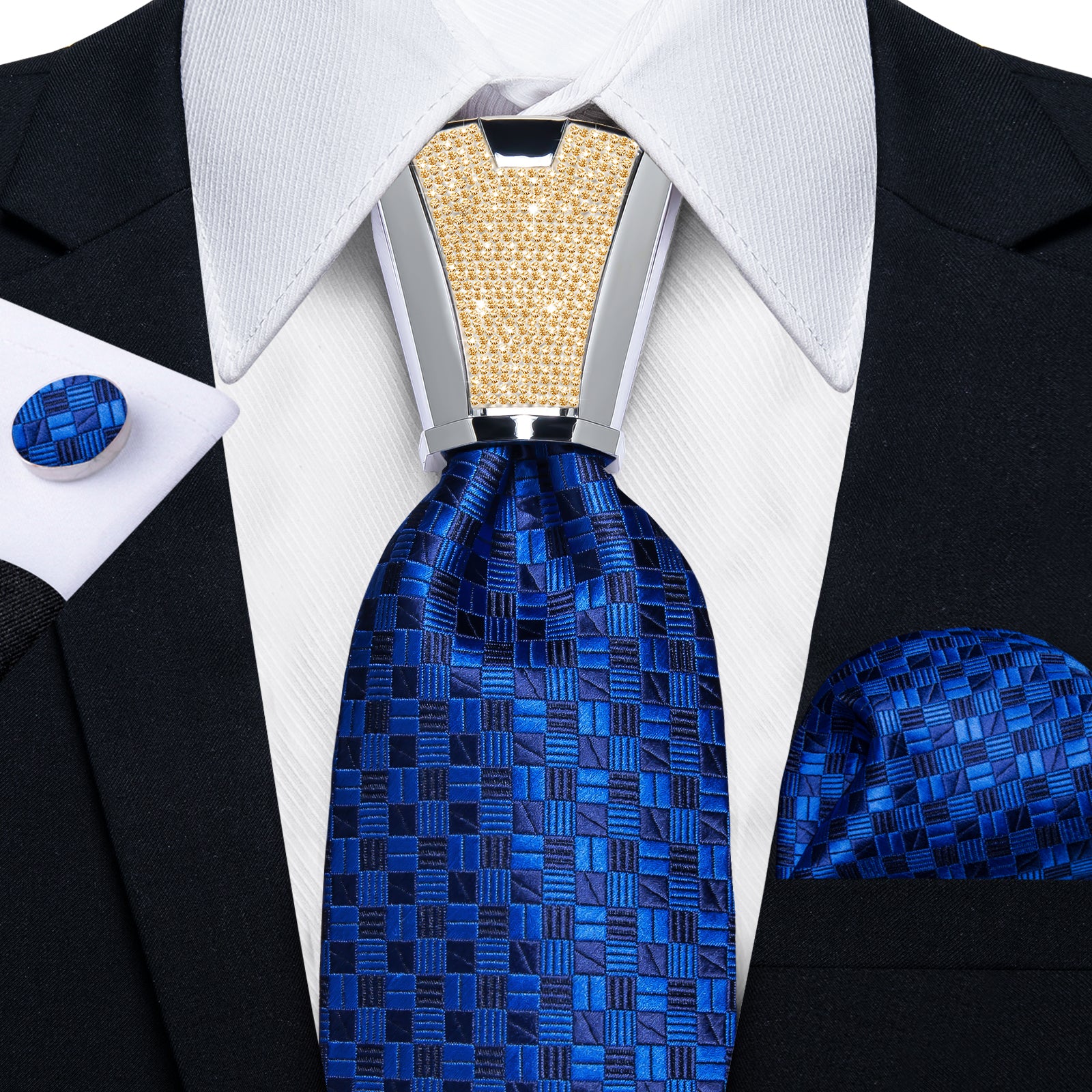 fashion silk mens plaid royal blue tie pocket square cufflinks set with tie accessory ring set