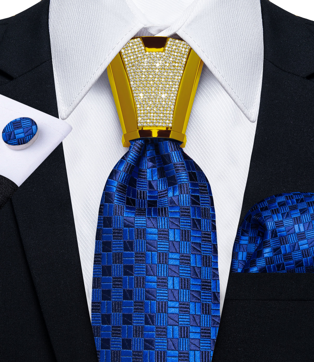 fashion silk mens plaid royal blue tie pocket square cufflinks set with tie accessory ring set