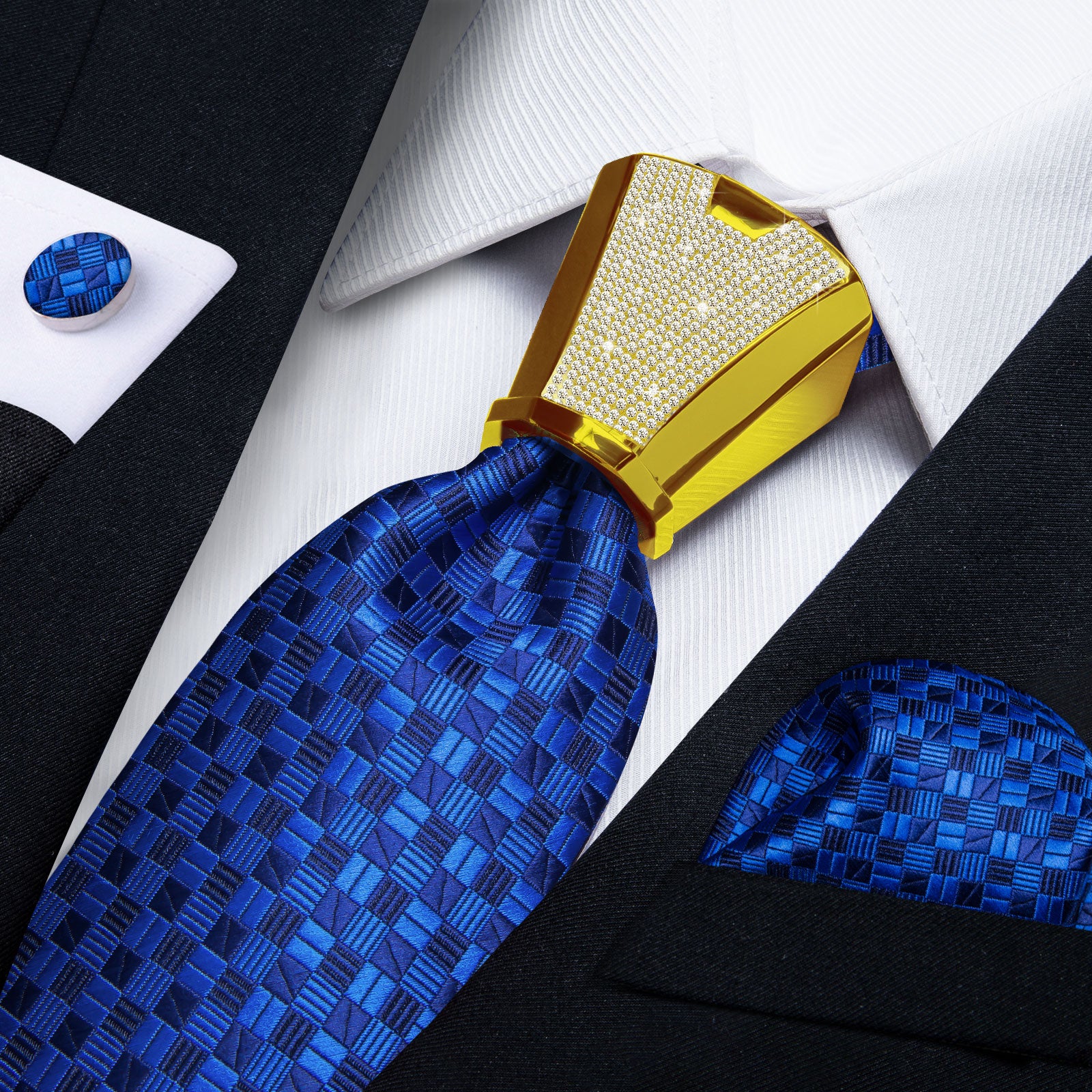 fashion silk mens plaid royal blue tie pocket square cufflinks set with tie accessory ring set