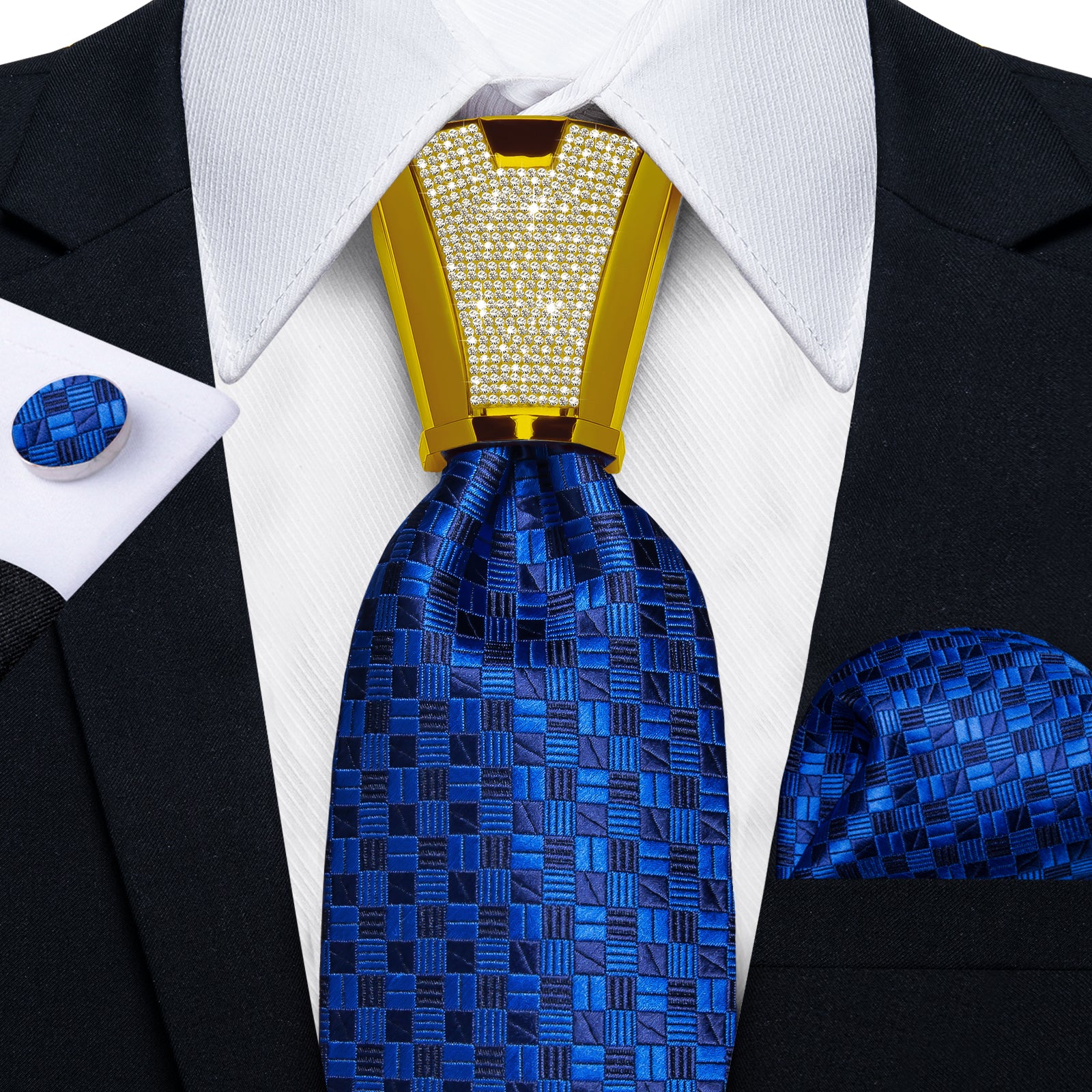 fashion silk mens plaid royal blue tie pocket square cufflinks set with tie accessory ring set