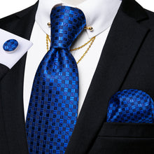 Navyblue Plaid Tie Pocket Square Cufflinks Set with Collar Pin